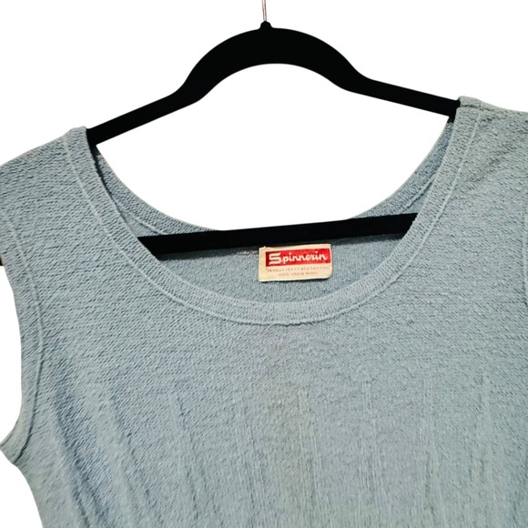 Spinnerin Light Blue Ribbed Knit Sleeveless Midi Dress w/ Belt 1960s Virgin Wool - Picture 3 of 8